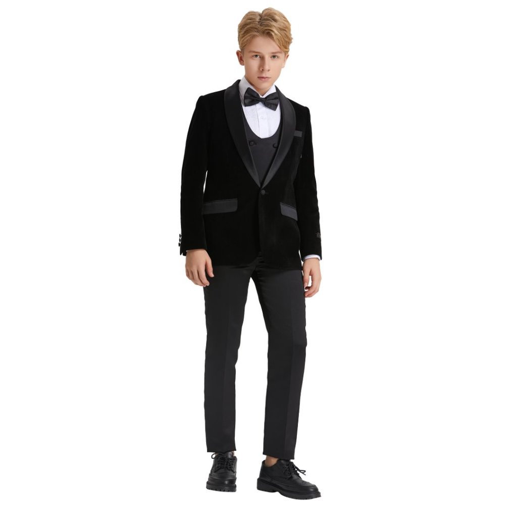5pc Boys Tuxedo Black Velvet Includes Dress Shirt and Bowtie by Tazzio - Picture 4 of 4